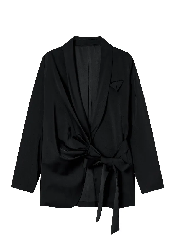 Ruffled Satin Self-Tie Blazer