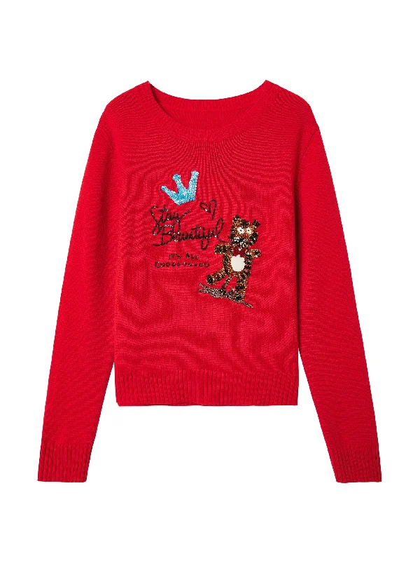 'Tiger Queen' Red Cashmere Crew