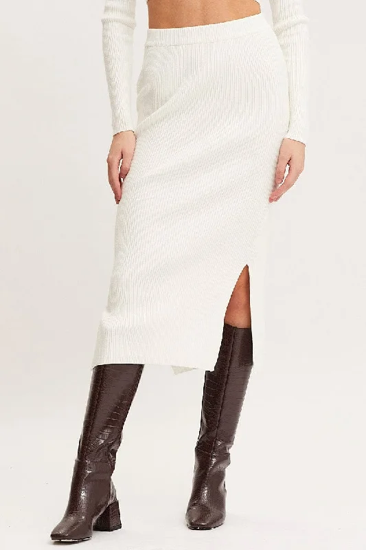 White Knit Skirt Midi Side Split