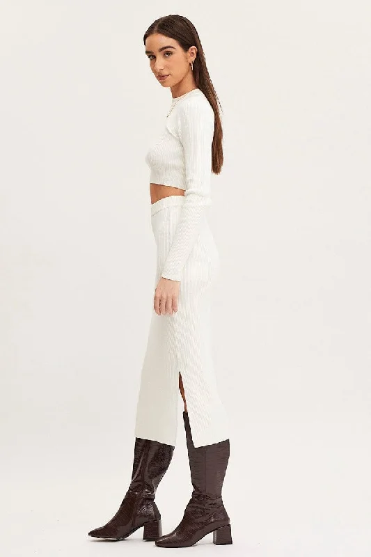 White Knit Skirt Midi Side Split