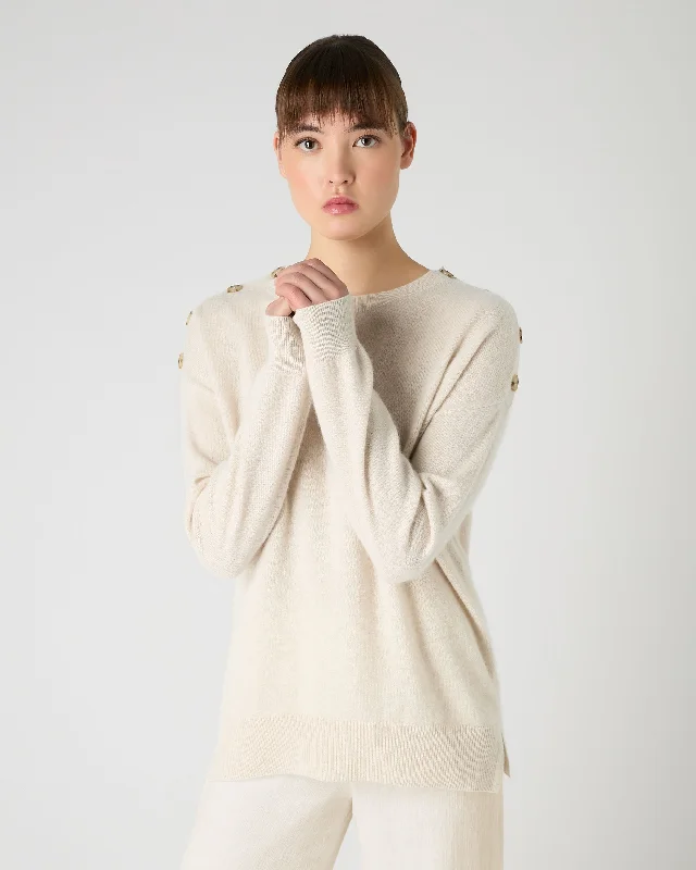 Women's Button Shoulder Round Neck Cashmere Jumper Ecru White