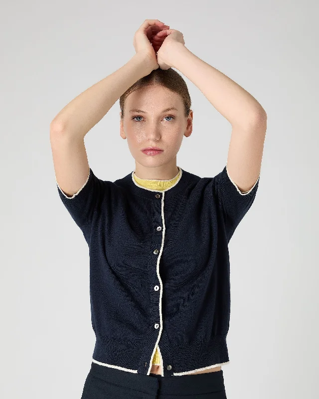 Women's Cotton Cashmere Short Sleeve Cardigan Navy Blue