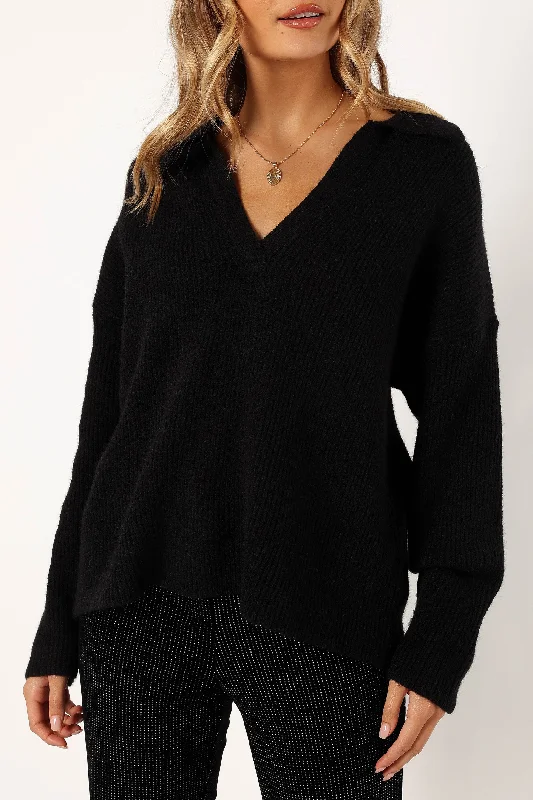 Zala Vneck Collar Knit Sweater - Black